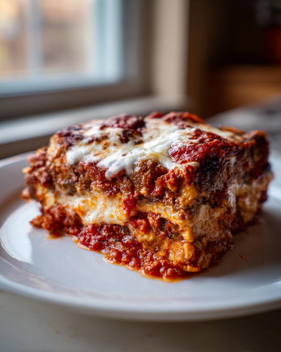 A thick, layered slice of baked eggplant parmesan covered in rich tomato sauce and melted mozzarella cheese.