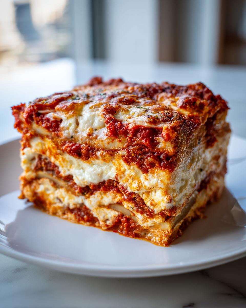 A thick, cheesy slice of layered eggplant parmesan served on a white plate.
