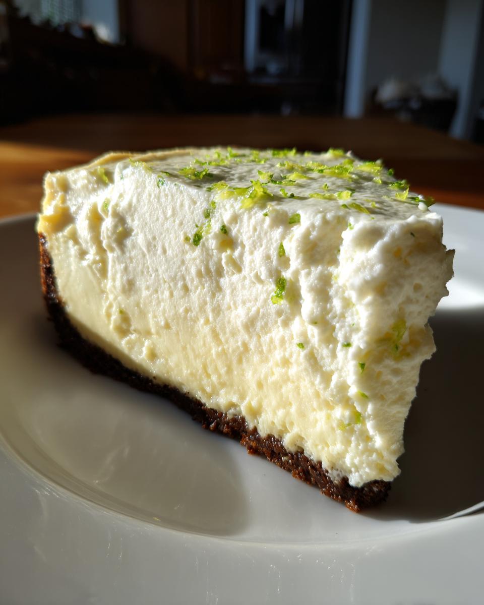 A close-up slice of creamy lemon lime no bake cheesecake with a dark crust, topped with bright green lime zest.