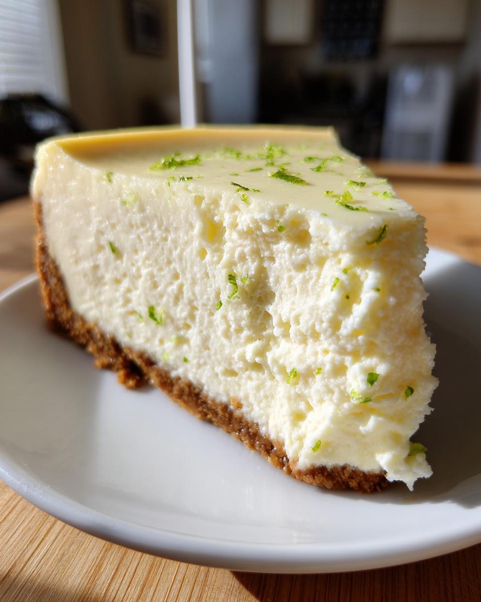 A close-up view of a creamy slice of lemon lime no bake cheesecake topped with bright green lime zest.