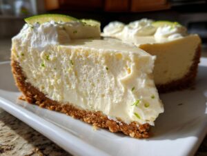 Close-up of a thick slice of lemon lime no bake cheesecake showing the creamy filling and graham cracker crust.
