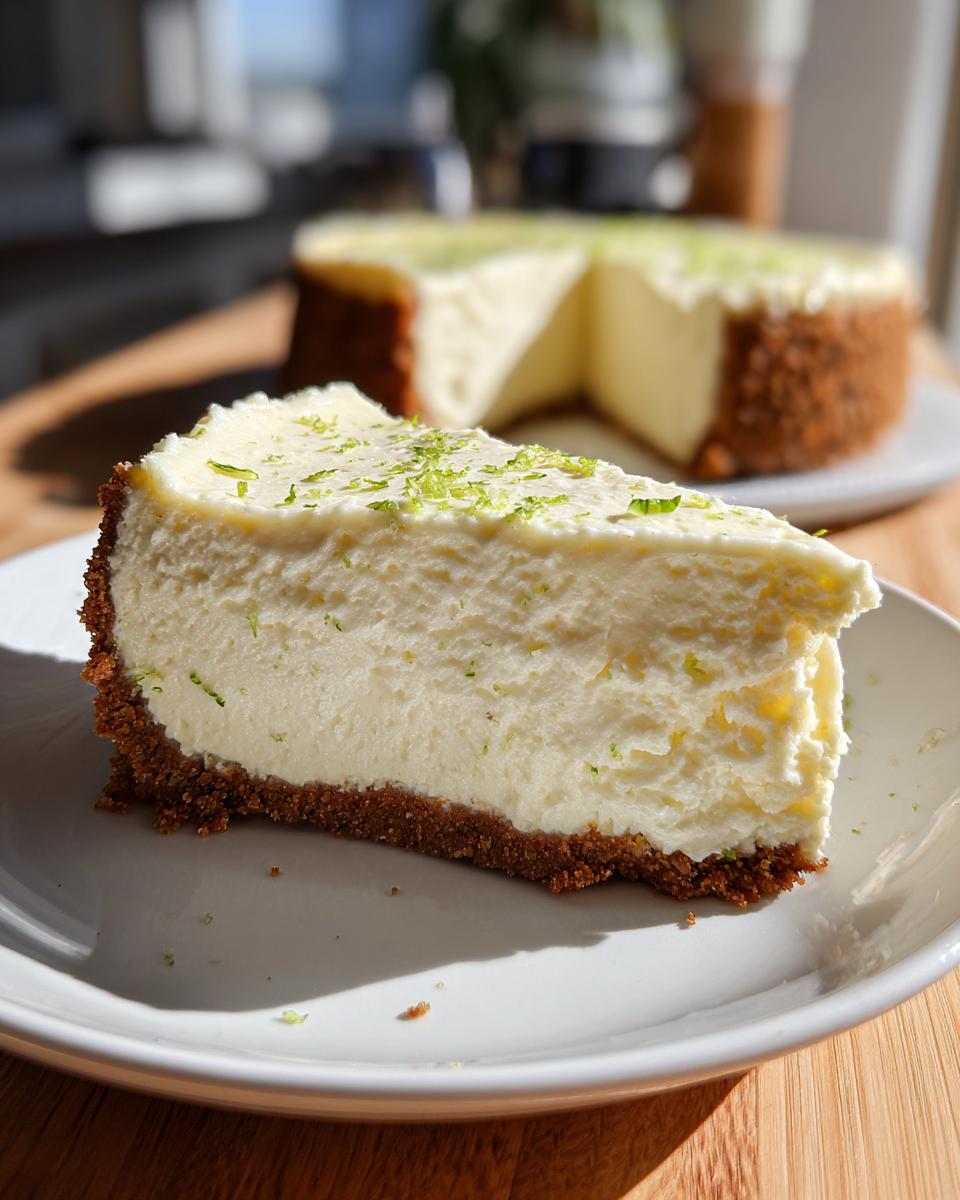 A close-up slice of creamy lemon lime no bake cheesecake with a graham cracker crust, topped with lime zest.