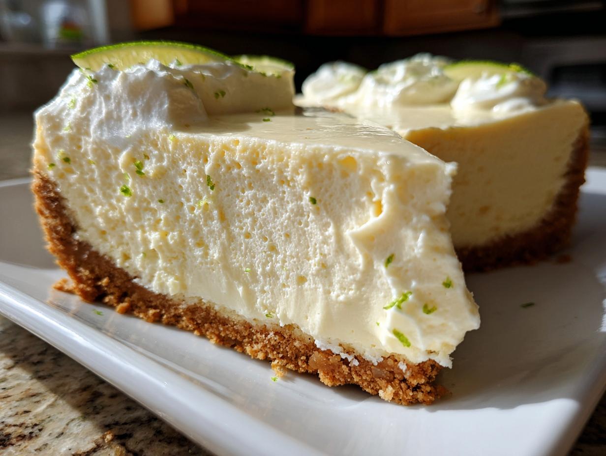 Close-up of a thick slice of lemon lime no bake cheesecake showing the creamy filling and graham cracker crust.