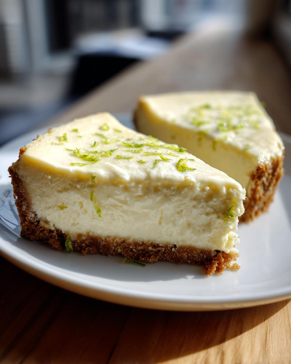 Two slices of creamy lemon lime no bake cheesecake with a graham cracker crust, topped with fresh lime zest.
