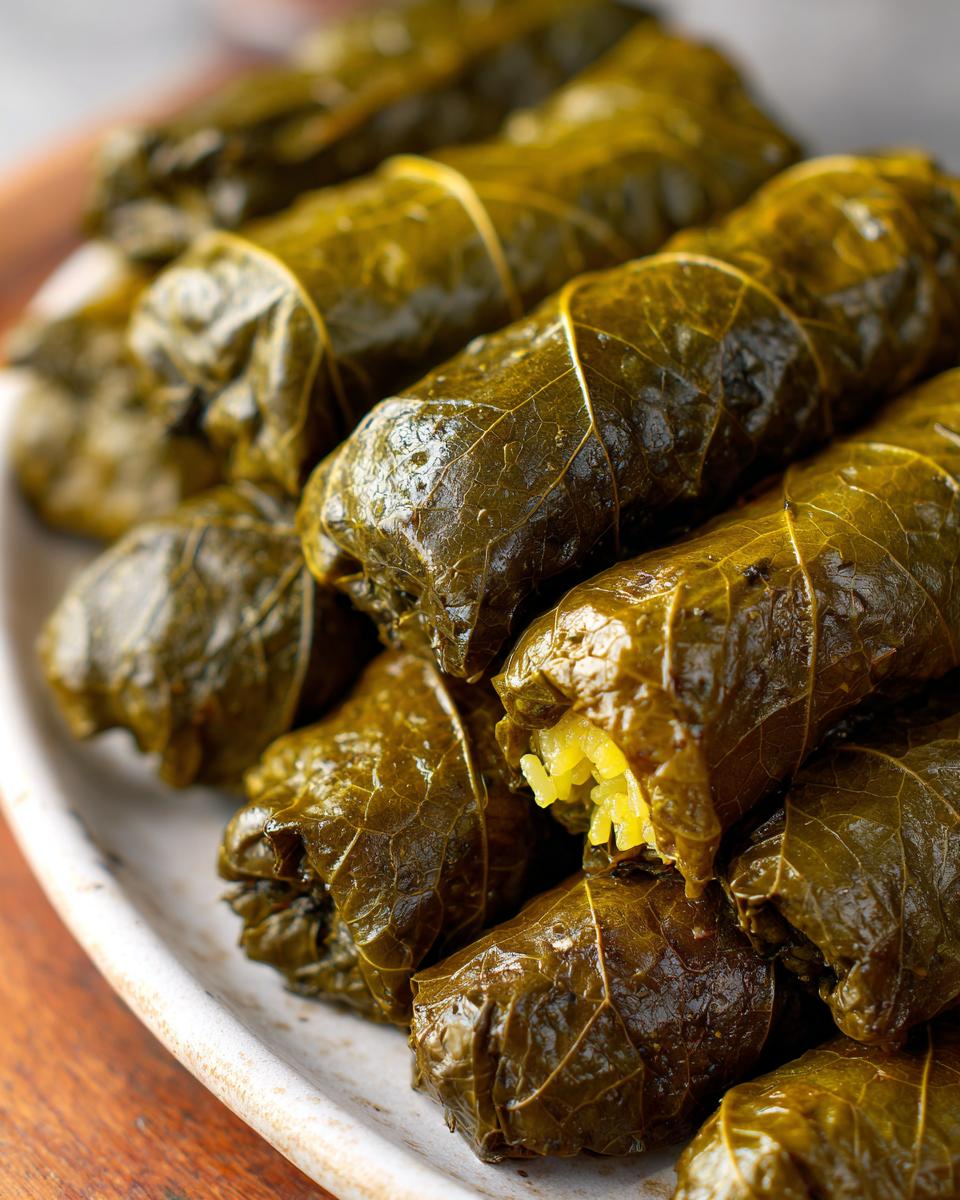 Close-up of shiny, cooked lemony rice-stuffed grape leaves piled on a plate, showing yellow rice filling.