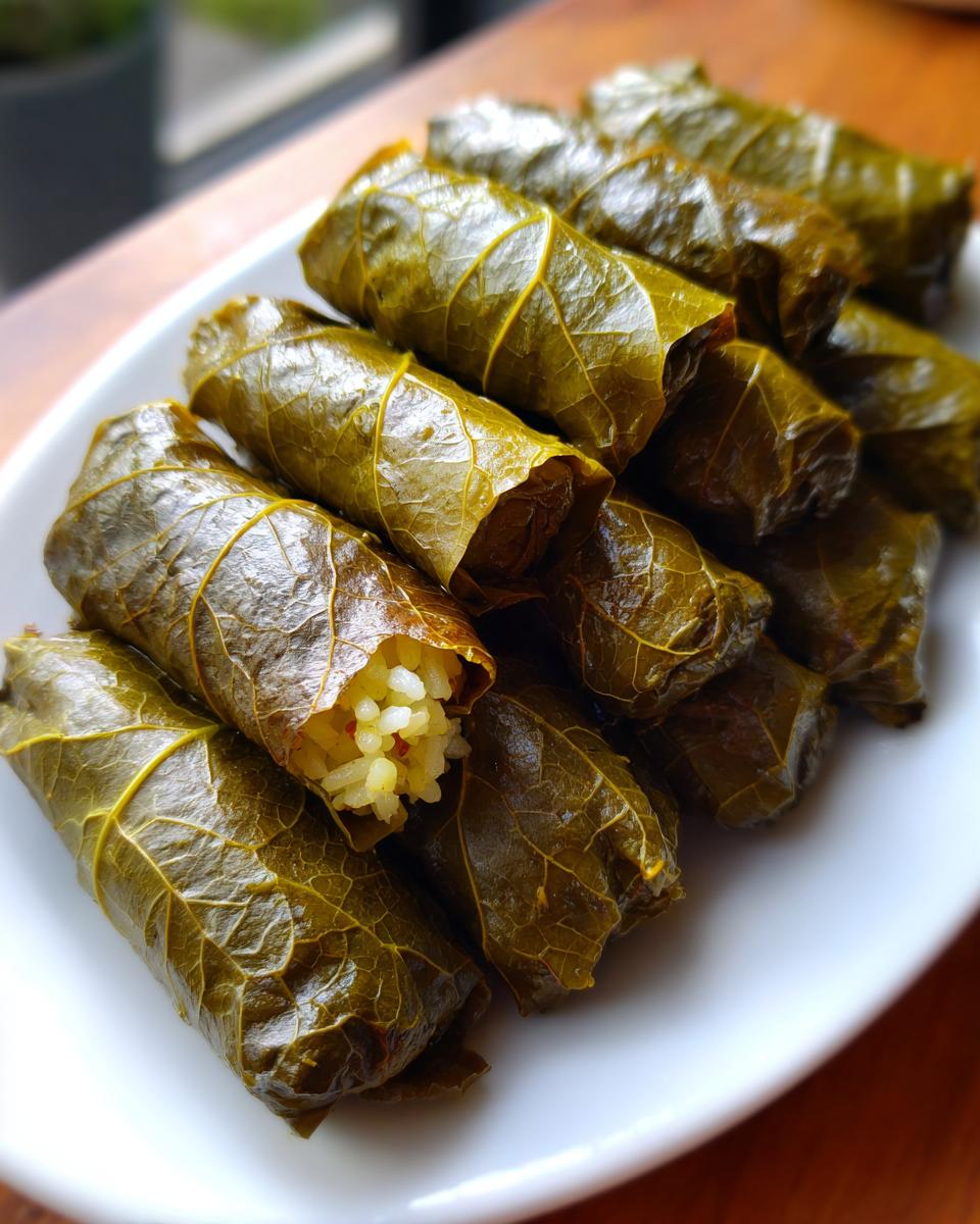 A stack of cooked lemony rice-stuffed grape leaves served on a white plate, showing the rice filling in one.