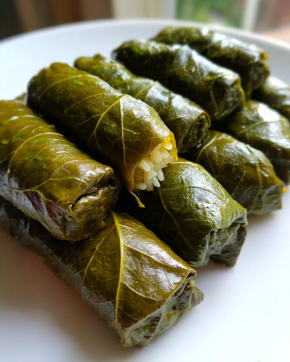 A close-up of several glossy, dark green lemony rice-stuffed grape leaves stacked on a white plate.