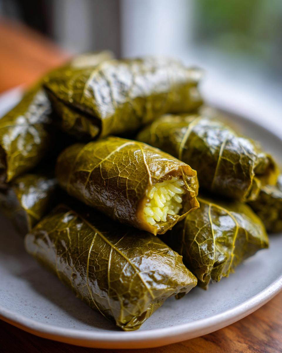 A stack of glistening, dark green lemony rice-stuffed grape leaves served on a light gray plate.