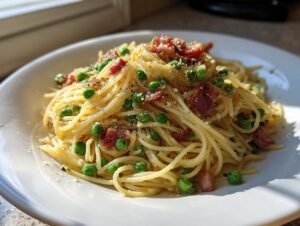 A close-up of light pasta with pancetta & peas, topped with grated cheese and black pepper, served on a white plate.