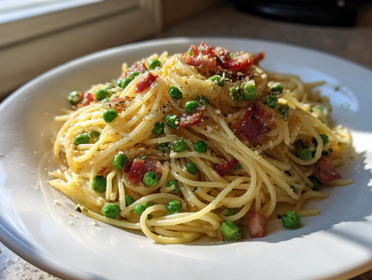 A close-up of light pasta with pancetta & peas, topped with grated cheese and black pepper, served on a white plate.
