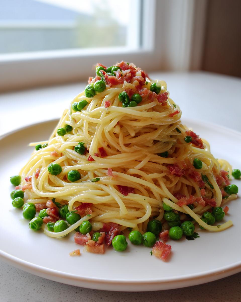 A tall mound of light pasta with pancetta & peas served on a white plate near a bright window.