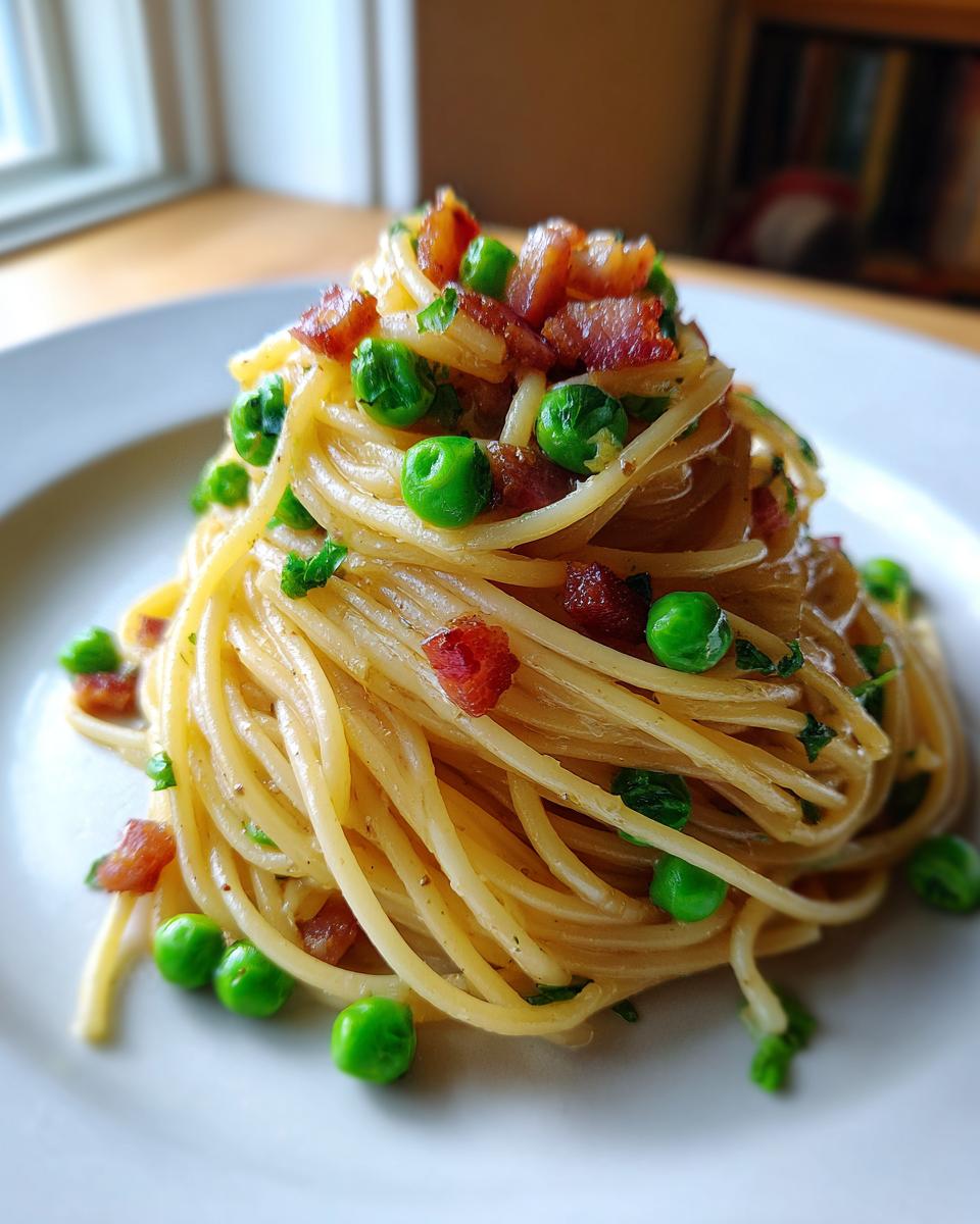 A beautifully twirled serving of light pasta with pancetta & peas on a white plate.