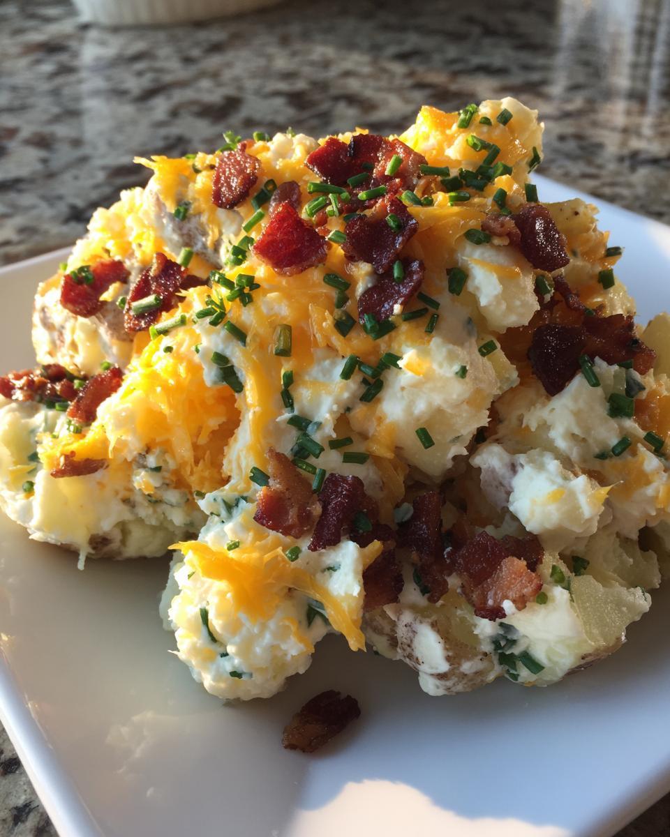 A generous scoop of loaded baked potato salad topped with shredded cheddar cheese, crispy bacon bits, and fresh chives.