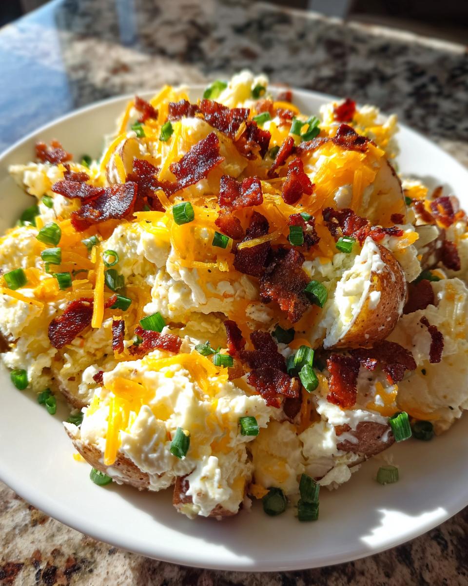 A close-up of loaded baked potato salad featuring creamy dressing, shredded cheddar cheese, bacon bits, and green onions.