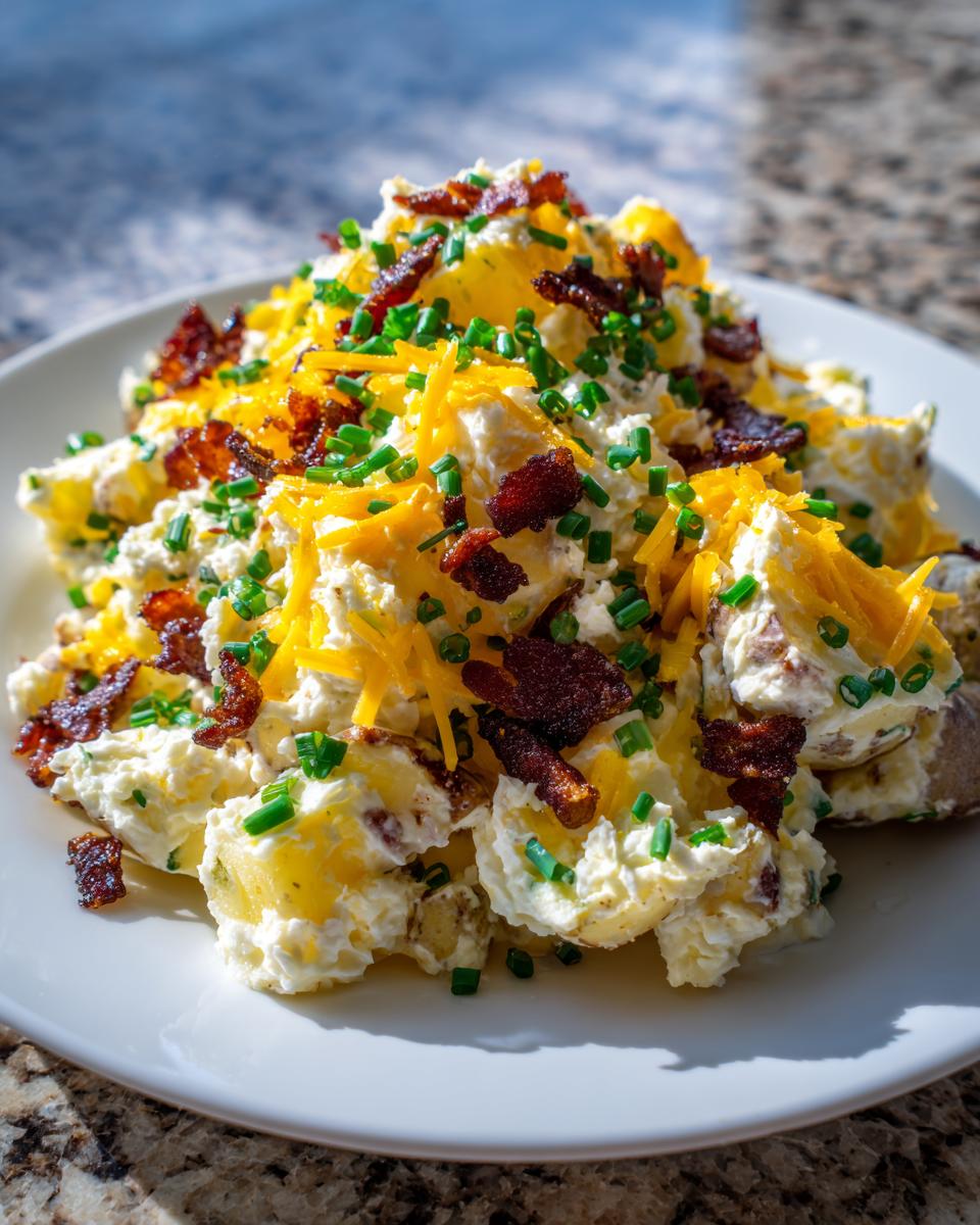 A mound of creamy loaded baked potato salad topped with shredded cheddar cheese, crispy bacon bits, and fresh green chives.