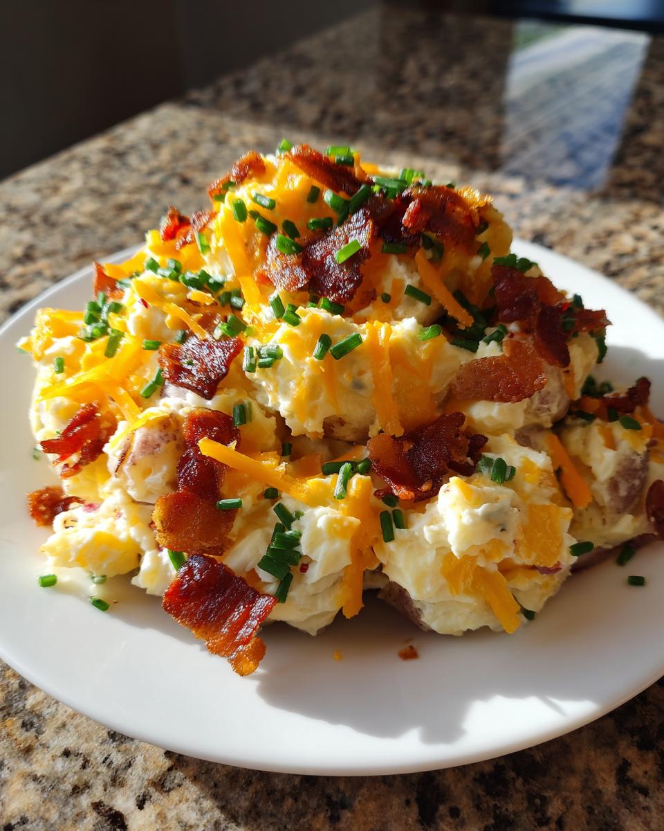 A generous serving of loaded baked potato salad topped with shredded cheddar cheese, crispy bacon bits, and fresh chives.
