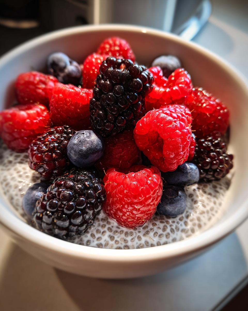Close-up of a white bowl filled with creamy low calorie chia pudding snack topped generously with fresh raspberries, blackberries, and blueberries.