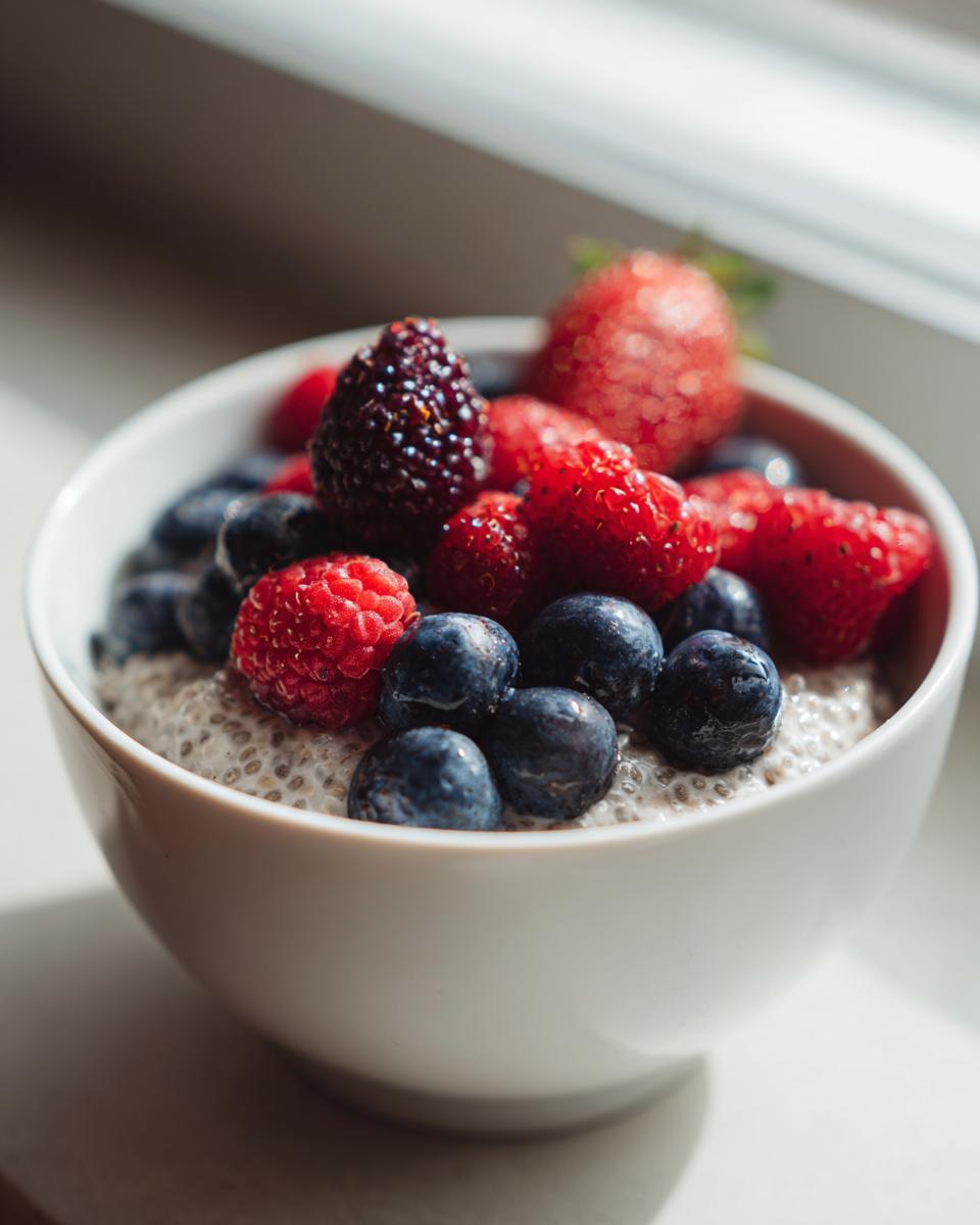 A white bowl filled with low calorie chia pudding snack topped generously with fresh blueberries, raspberries, and strawberries.