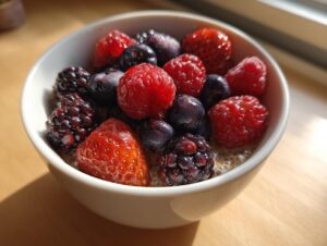 Close-up of a white bowl filled with low calorie chia pudding snack topped generously with fresh raspberries, blueberries, strawberries, and blackberries.