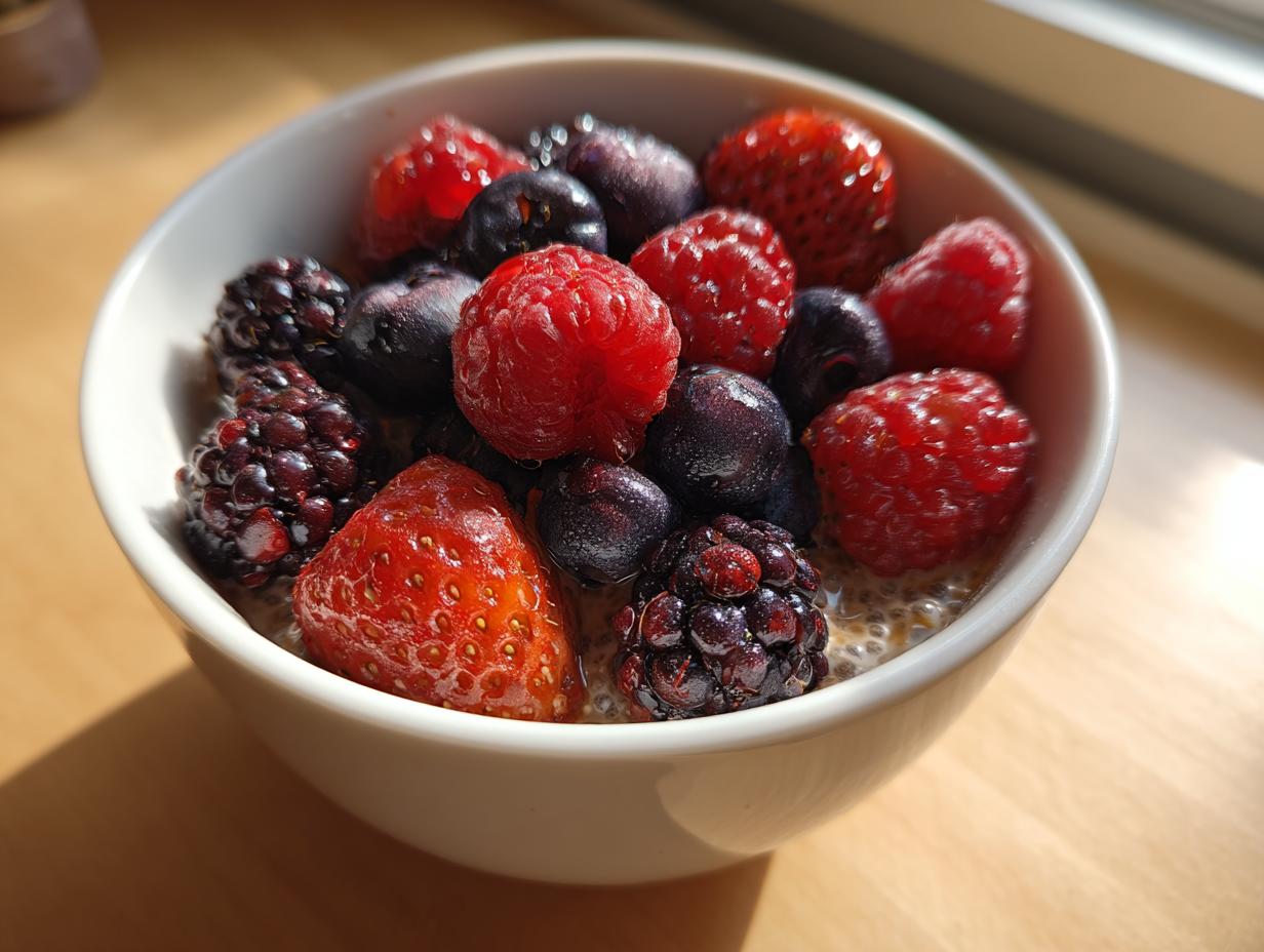 Close-up of a white bowl filled with low calorie chia pudding snack topped generously with fresh raspberries, blueberries, strawberries, and blackberries.