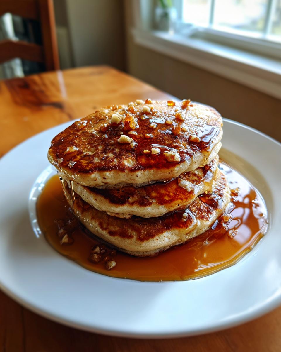 A close-up of three golden maple ginger pancakes stacked high, drenched in syrup and topped with chopped nuts.