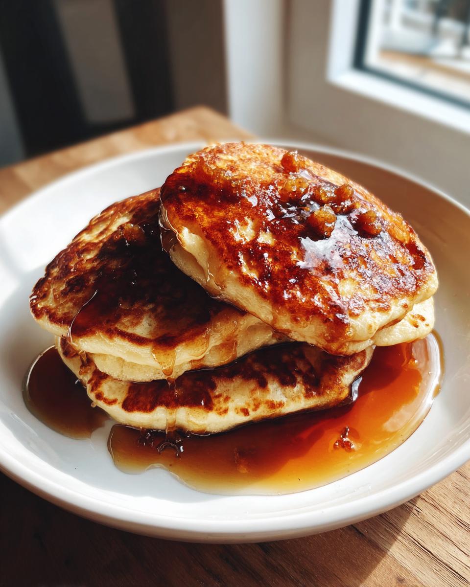 A stack of three golden maple ginger pancakes generously drizzled with syrup and topped with candied ginger pieces.
