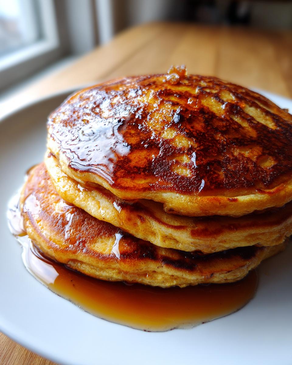 Close-up of a stack of three golden brown maple ginger pancakes generously drizzled with syrup.