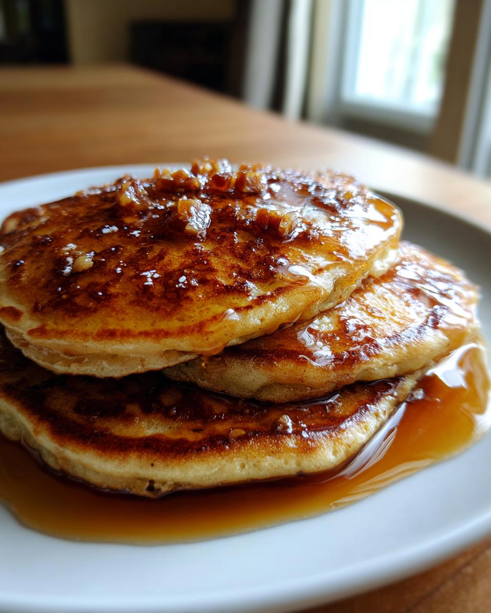 Close-up of a stack of three golden maple ginger pancakes drenched in syrup and topped with candied ginger pieces.