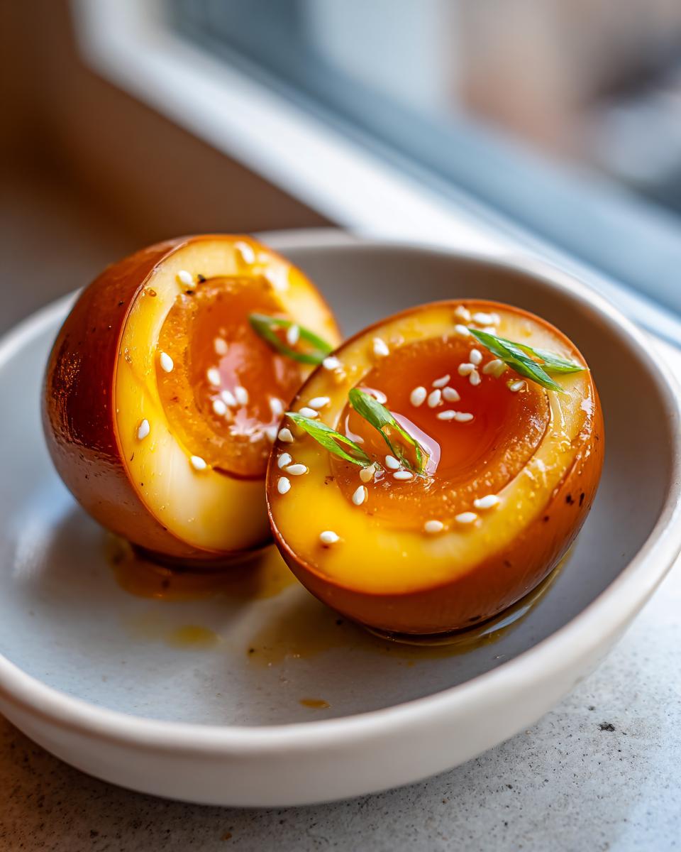 Two halves of a perfectly cooked marinated eggs showing a jammy yolk, topped with sesame seeds and green onion.