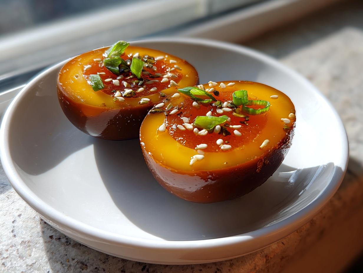 Two halves of glossy, dark brown marinated eggs with jammy yolks, topped with sesame seeds and green onions.