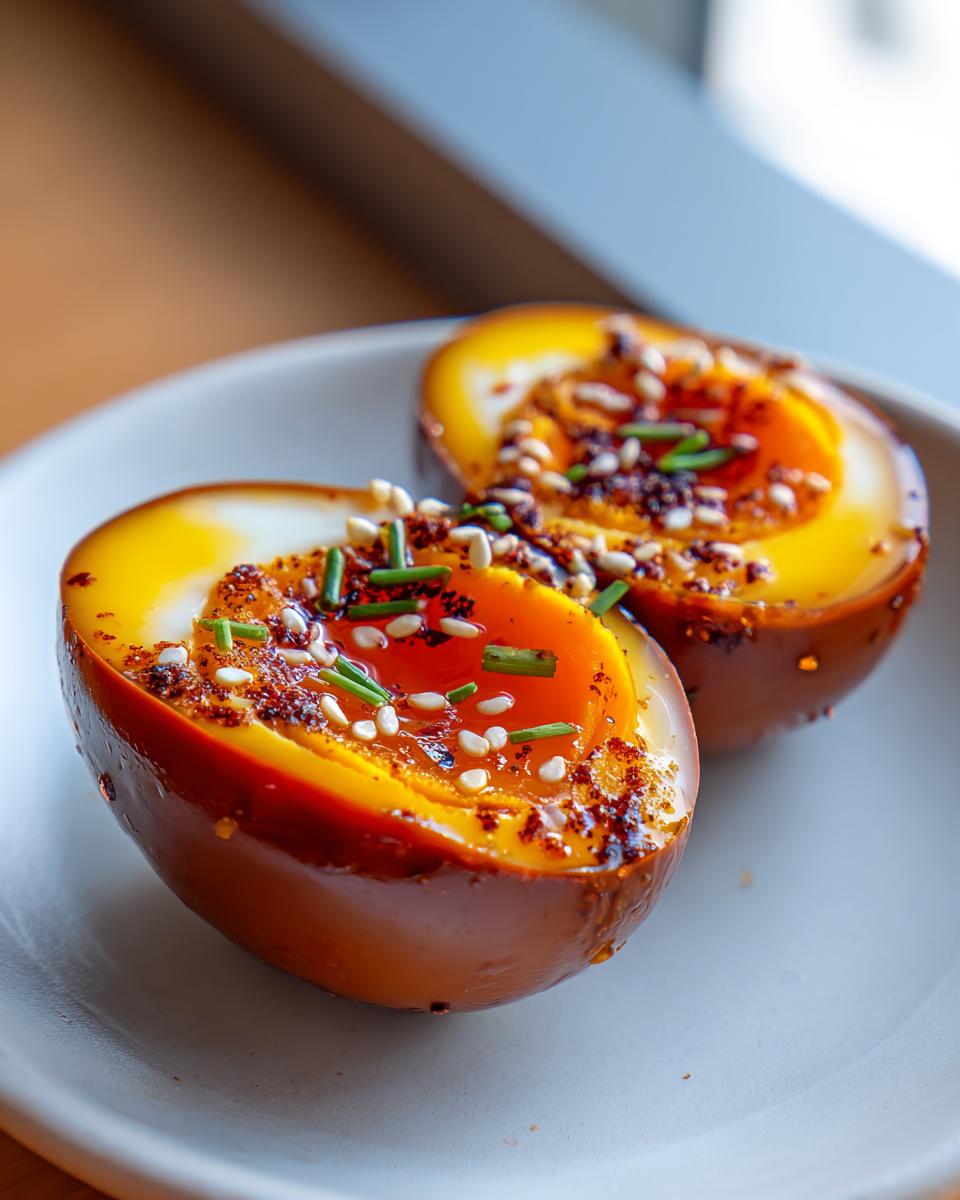 Close-up of two halves of marinated eggs showing jammy yolks, topped with sesame seeds and chives.