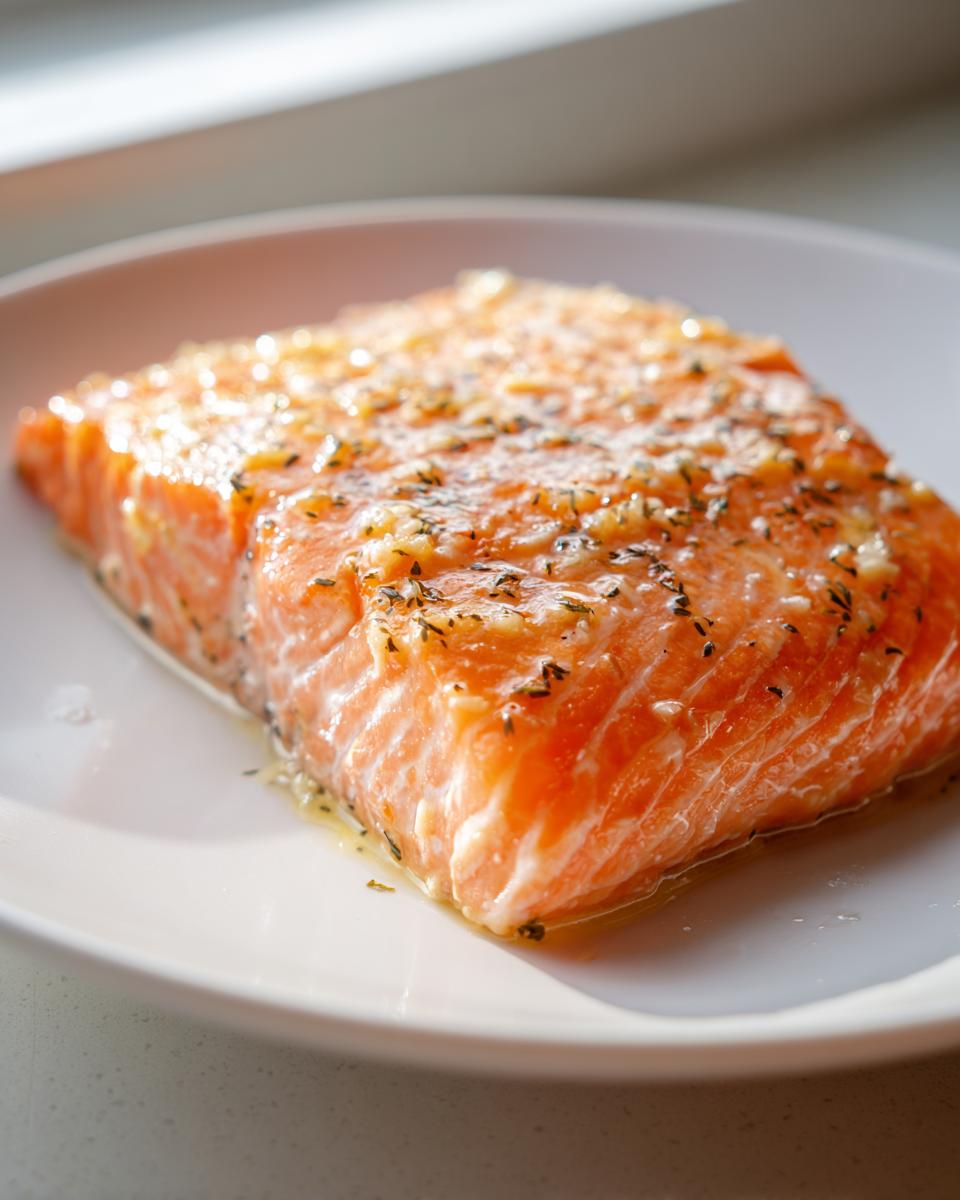 Close-up of a bright orange salmon fillet seasoned with herbs and garlic, resting on a white plate.