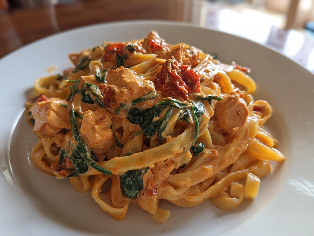 Close-up of a serving of marry me chicken pasta featuring fettuccine coated in a creamy sauce with chicken pieces, wilted spinach, and sun-dried tomatoes.