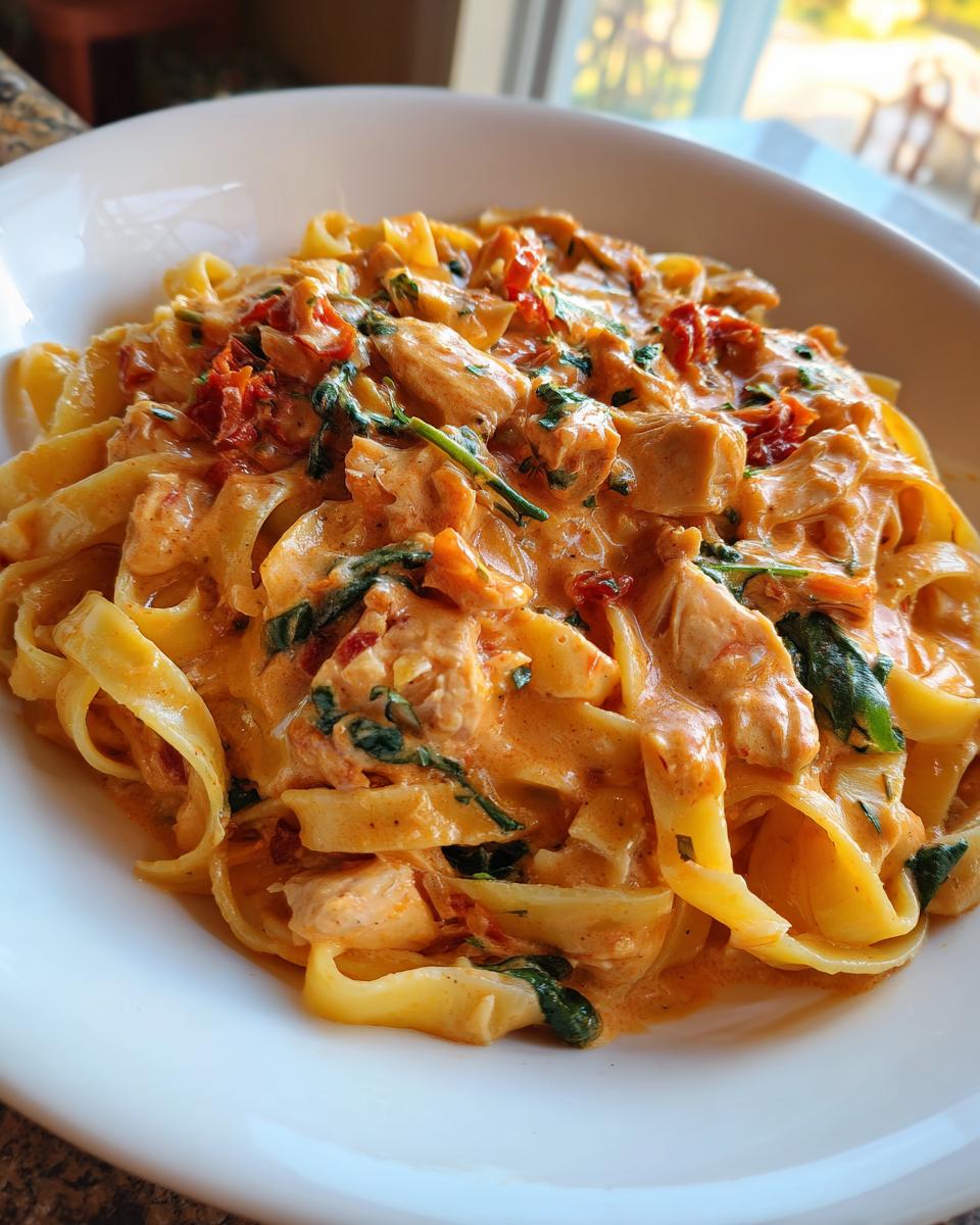 Close-up of a bowl of rich marry me chicken pasta featuring fettuccine noodles, chicken pieces, spinach, and sun-dried tomatoes.