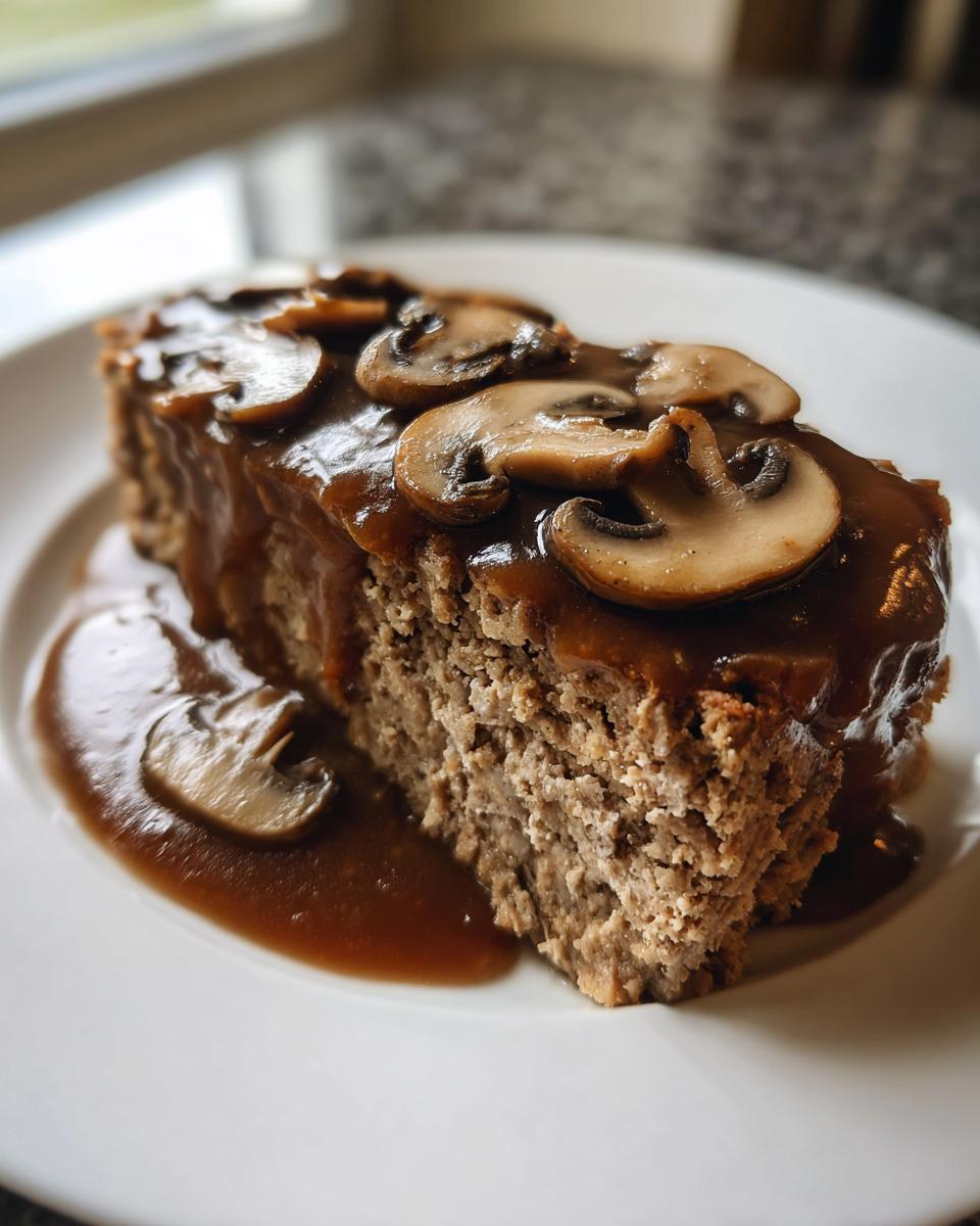 A thick slice of moist meatloaf covered in rich mushroom gravy and topped with sliced mushrooms.