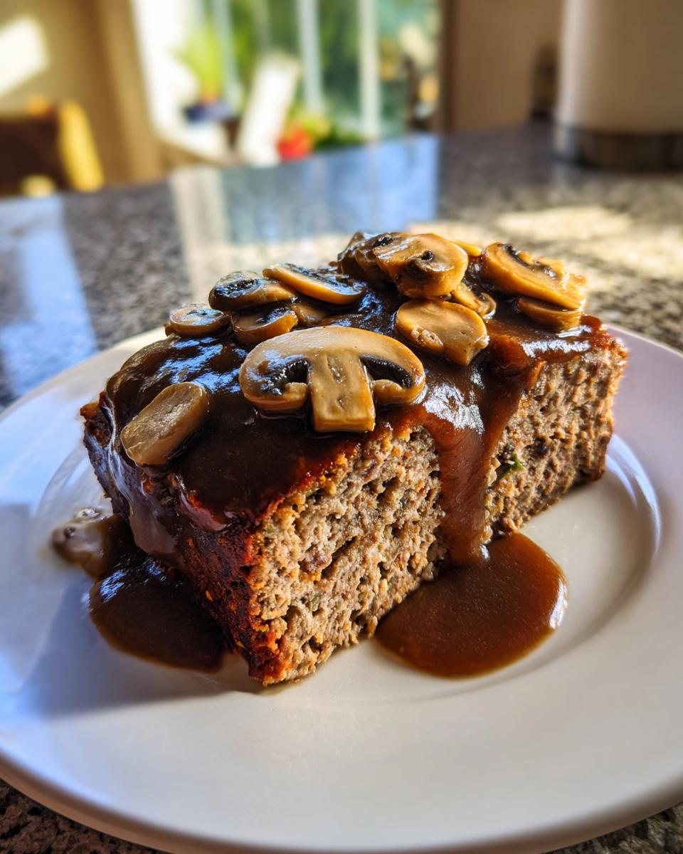 A thick slice of moist meatloaf generously topped with rich mushroom gravy and sliced mushrooms.