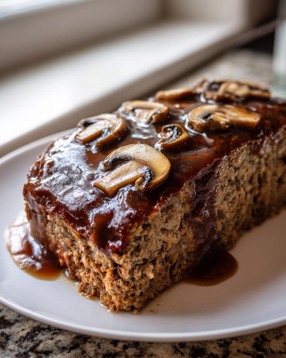 A thick slice of homemade meatloaf covered in rich brown mushroom gravy and topped with sliced sautéed mushrooms.