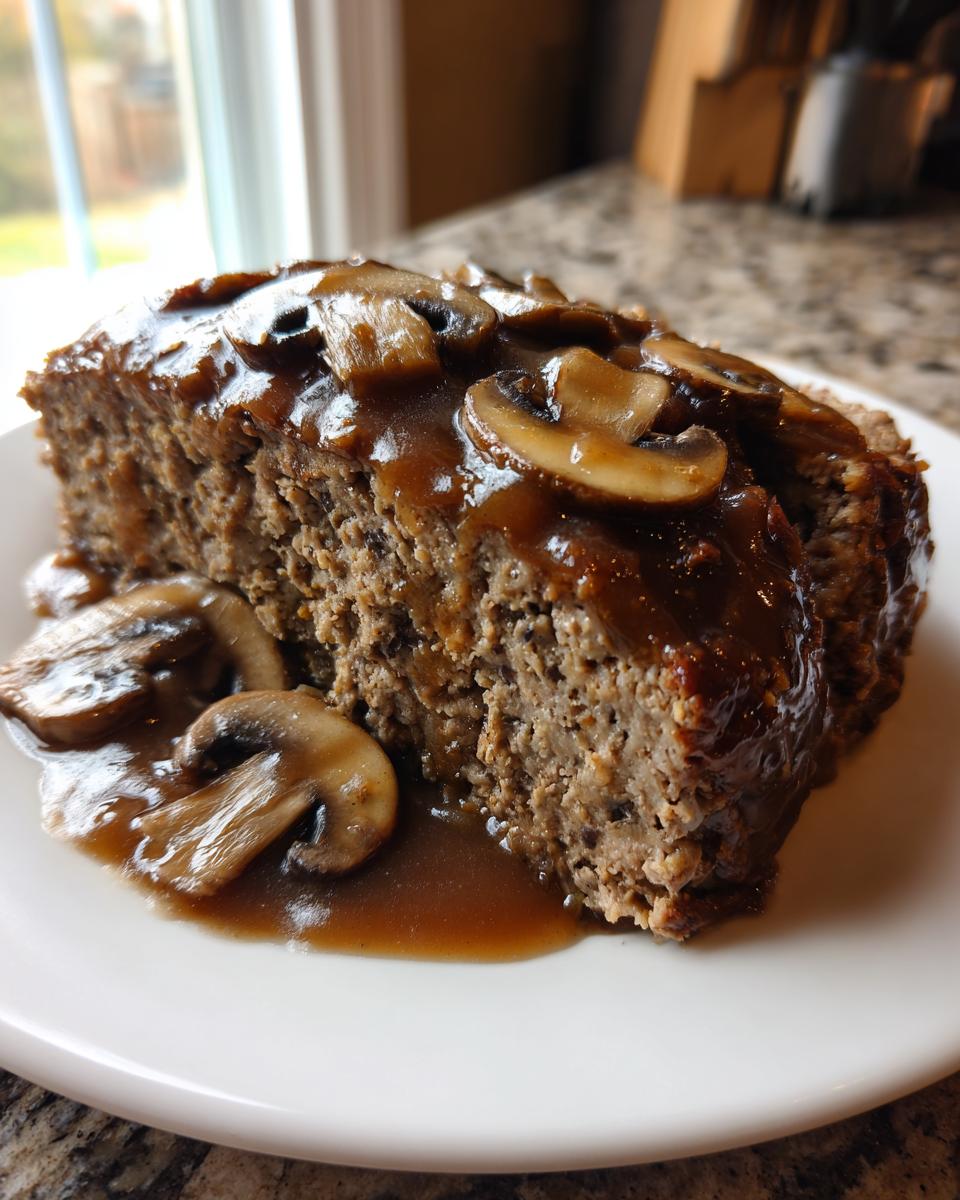 A thick slice of moist meatloaf covered in rich mushroom gravy and sliced mushrooms, served on a white plate.