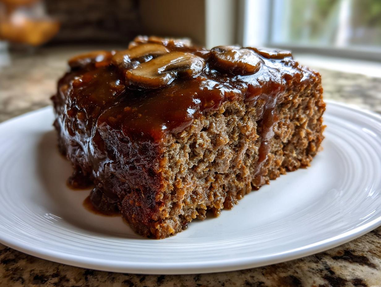 A thick slice of moist meatloaf generously topped with rich mushroom gravy and sliced mushrooms.