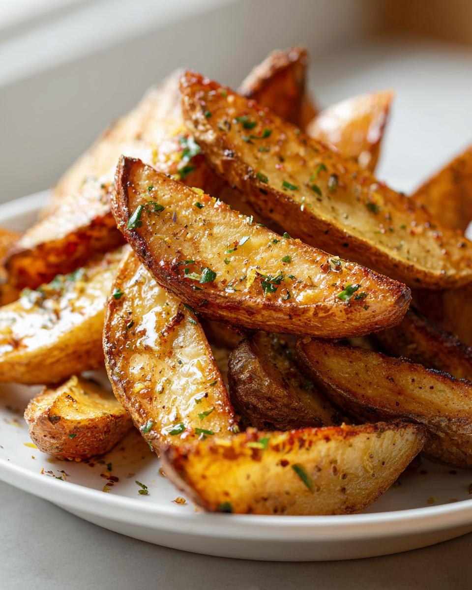 Close-up of perfectly roasted mediterranean potato wedges seasoned with herbs on a white plate.