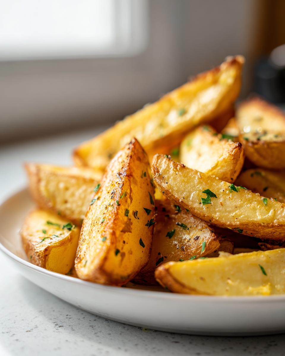 Close-up of golden, crispy mediterranean potato wedges sprinkled with green herbs on a white plate.