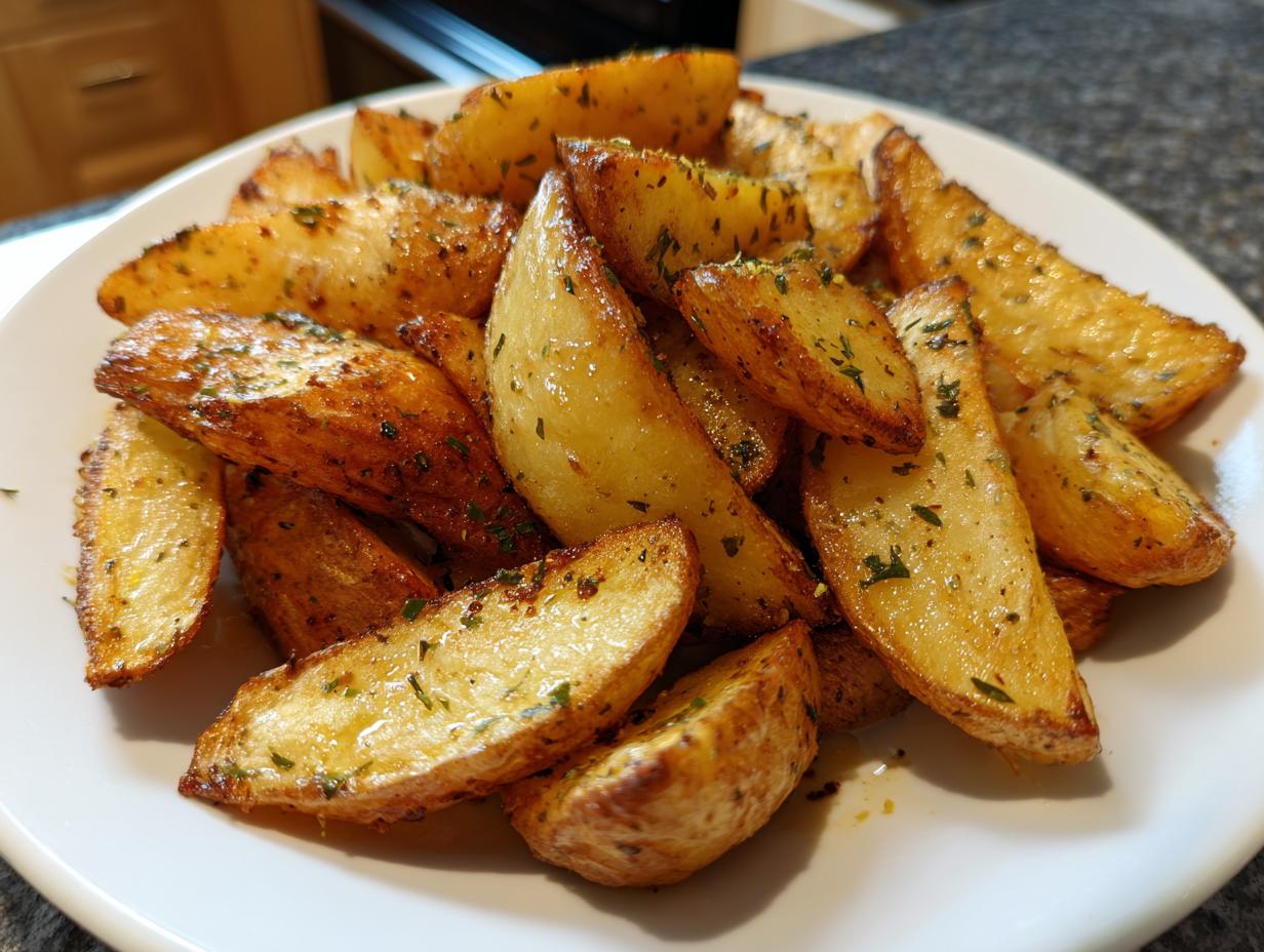 A close-up of perfectly roasted mediterranean potato wedges seasoned with herbs, served on a white plate.