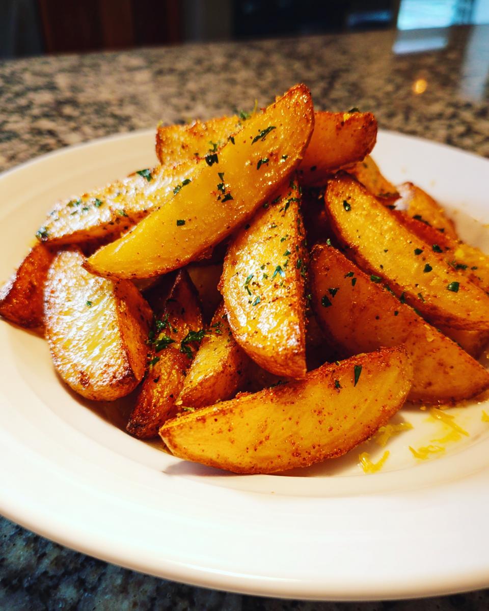 A close-up of golden brown mediterranean potato wedges seasoned with spices and sprinkled with fresh parsley.