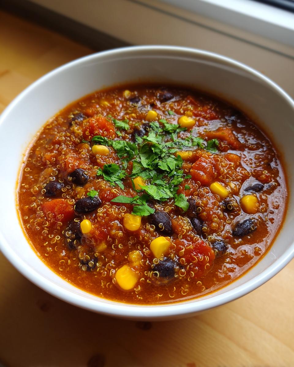 Close-up of a white bowl filled with rich, red Mexican quinoa soup, featuring black beans, corn, and fresh cilantro.