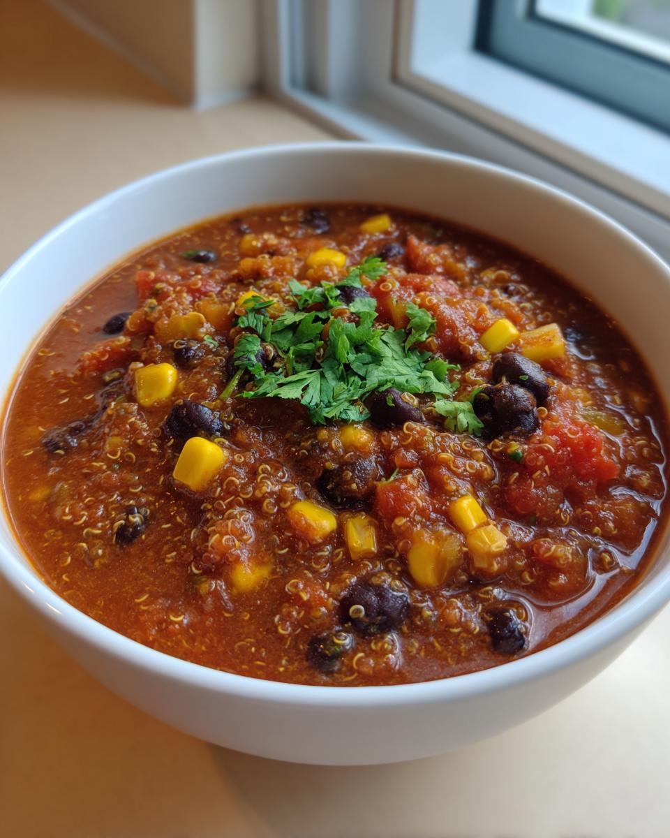 Close-up of a white bowl filled with rich, red Mexican quinoa soup, topped with black beans, corn, and fresh cilantro.