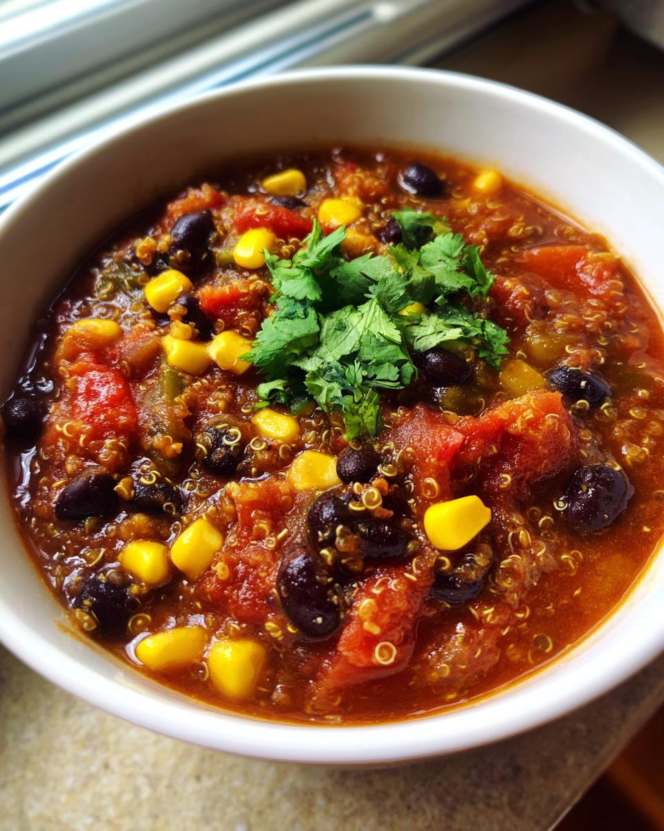 Close-up of a steaming bowl of Mexican quinoa soup, featuring black beans, corn, tomatoes, and fresh cilantro garnish.