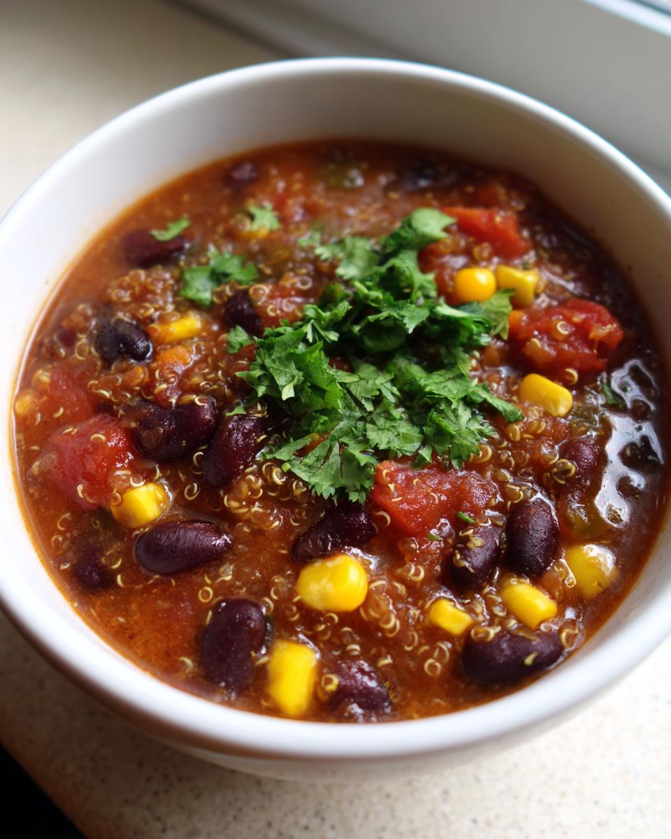 Close-up of a bowl of rich Mexican quinoa soup with black beans, corn, tomatoes, and fresh cilantro garnish.