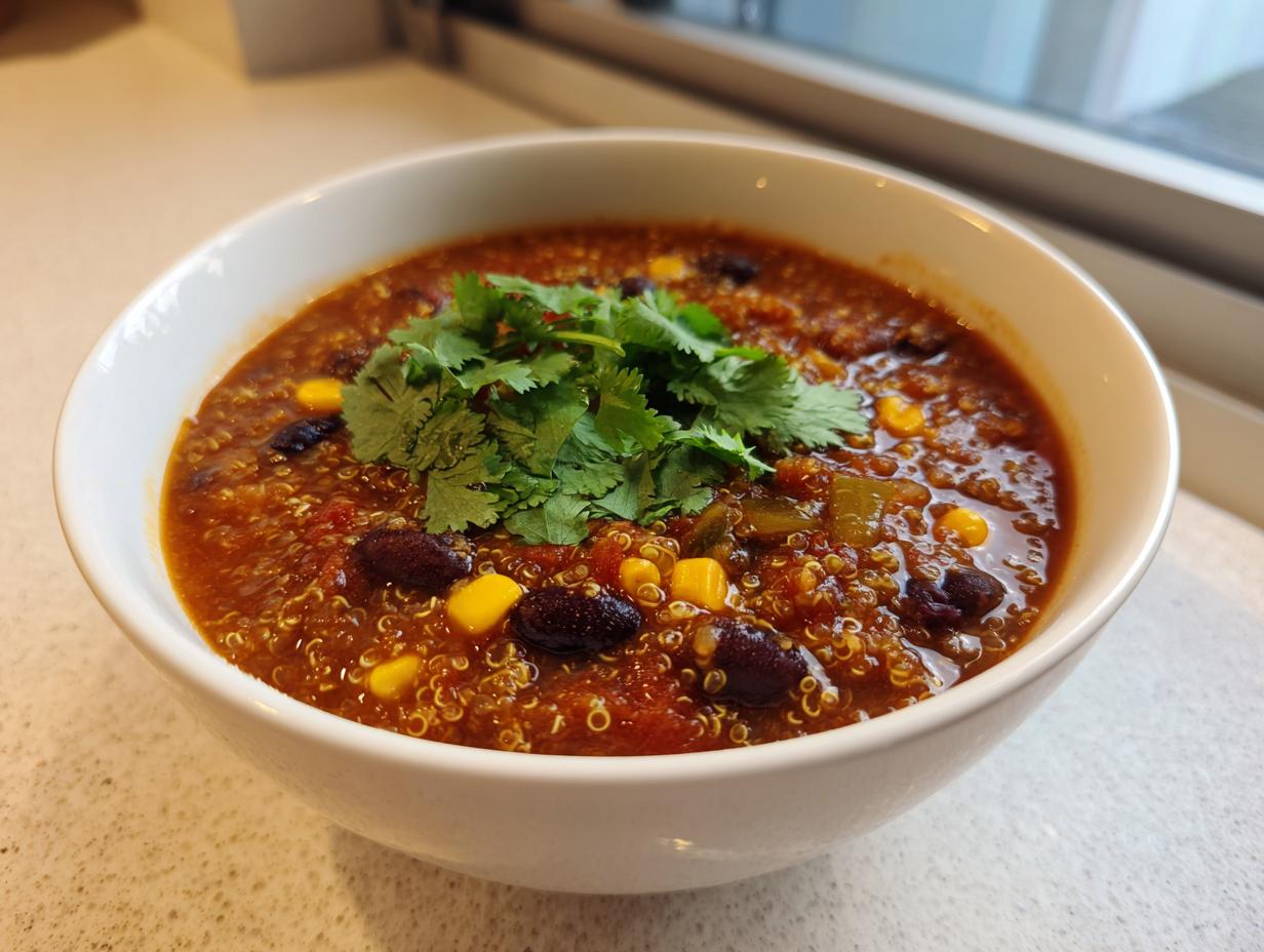 A close-up of a steaming bowl of Mexican quinoa soup, rich with beans, corn, and topped with fresh cilantro.