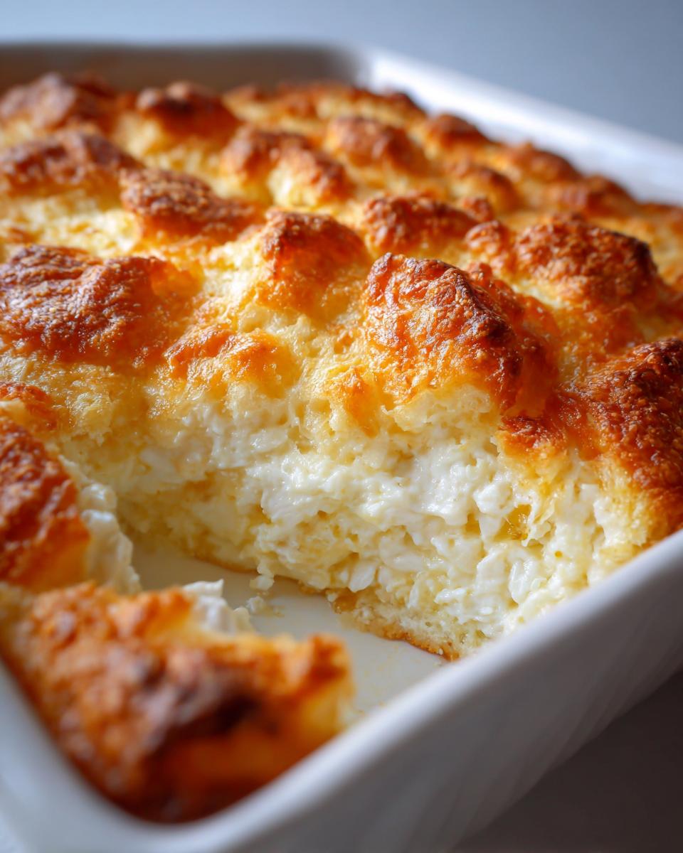 Close-up of a creamy million dollar chicken casserole with a bubbly, golden-brown cheesy topping in a white baking dish.