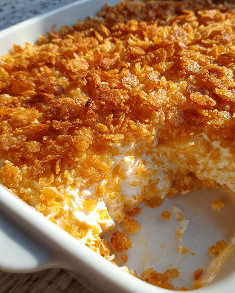 Close-up of a creamy million dollar chicken casserole with a crunchy, golden cornflake topping.